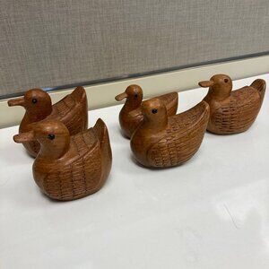5 Teak Ducks Birds Handcarved Thailand with Secret Stash Hidden Compartment